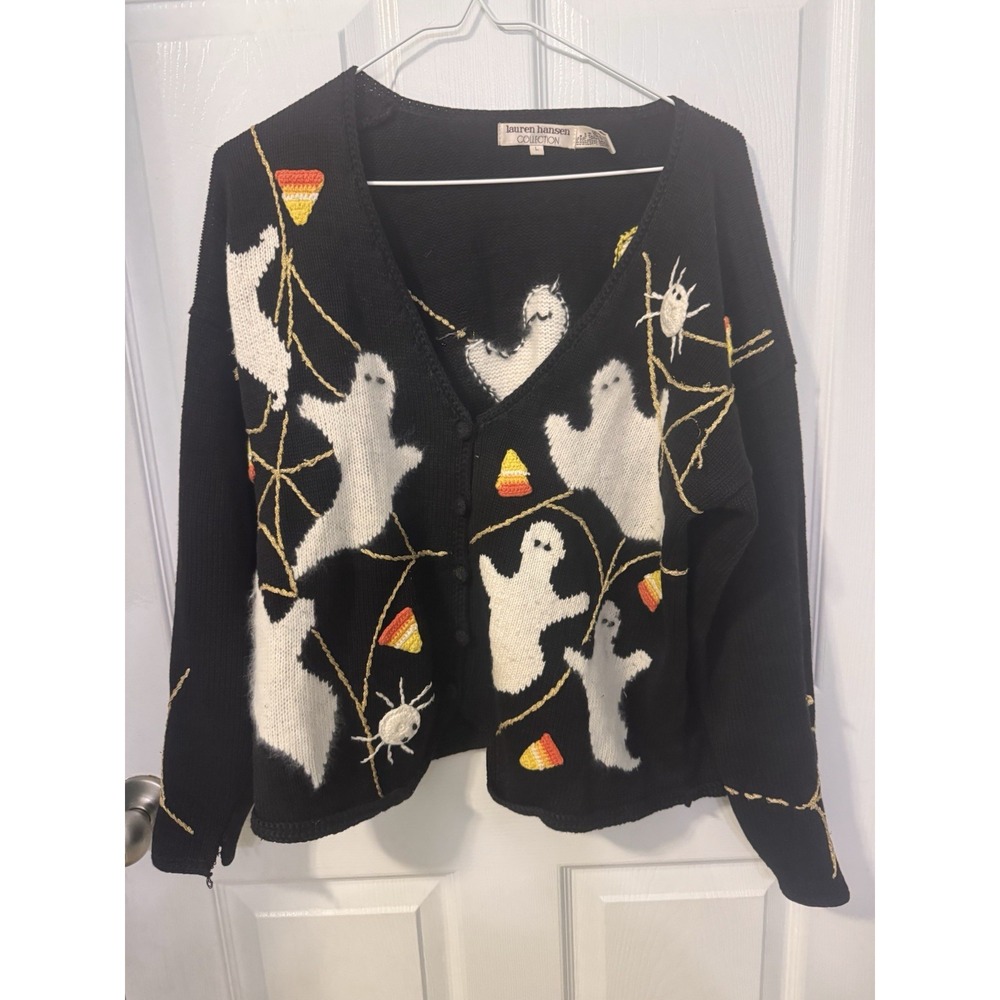Vtg Lauren Hansen Womens L Halloween Ghost Candy Corn Black Cardigan Sweater